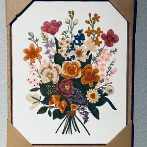 New BP Home Woven Embroidery Textile Wall Art Flower Bouquet 12”x15